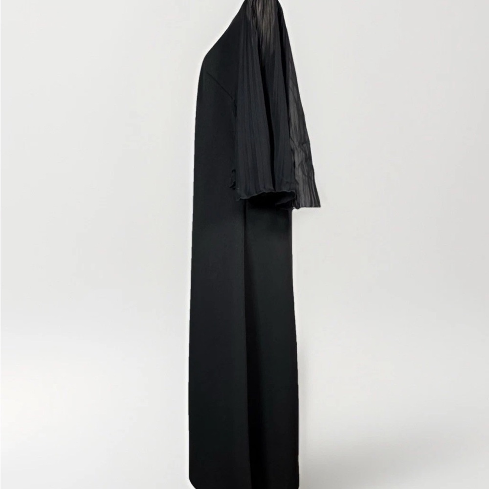 (L) VINTAGE LESLIE POMER Black Maxi Dress with Pleated Sheer Sleeves - Picture 9 of 16